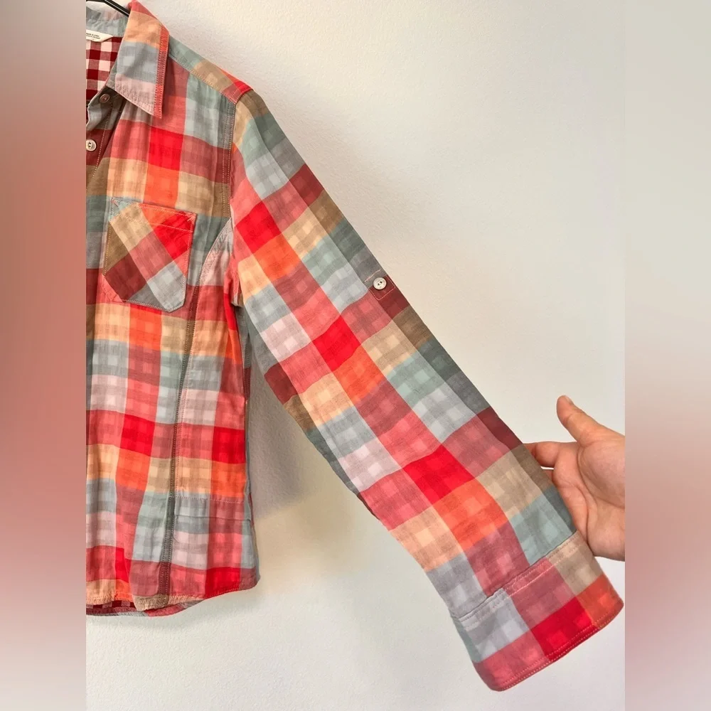 Woolrich Organic Cotton Plaid Red Orange Blue Button Down Gingham Shirt … - Picture 6 of 14